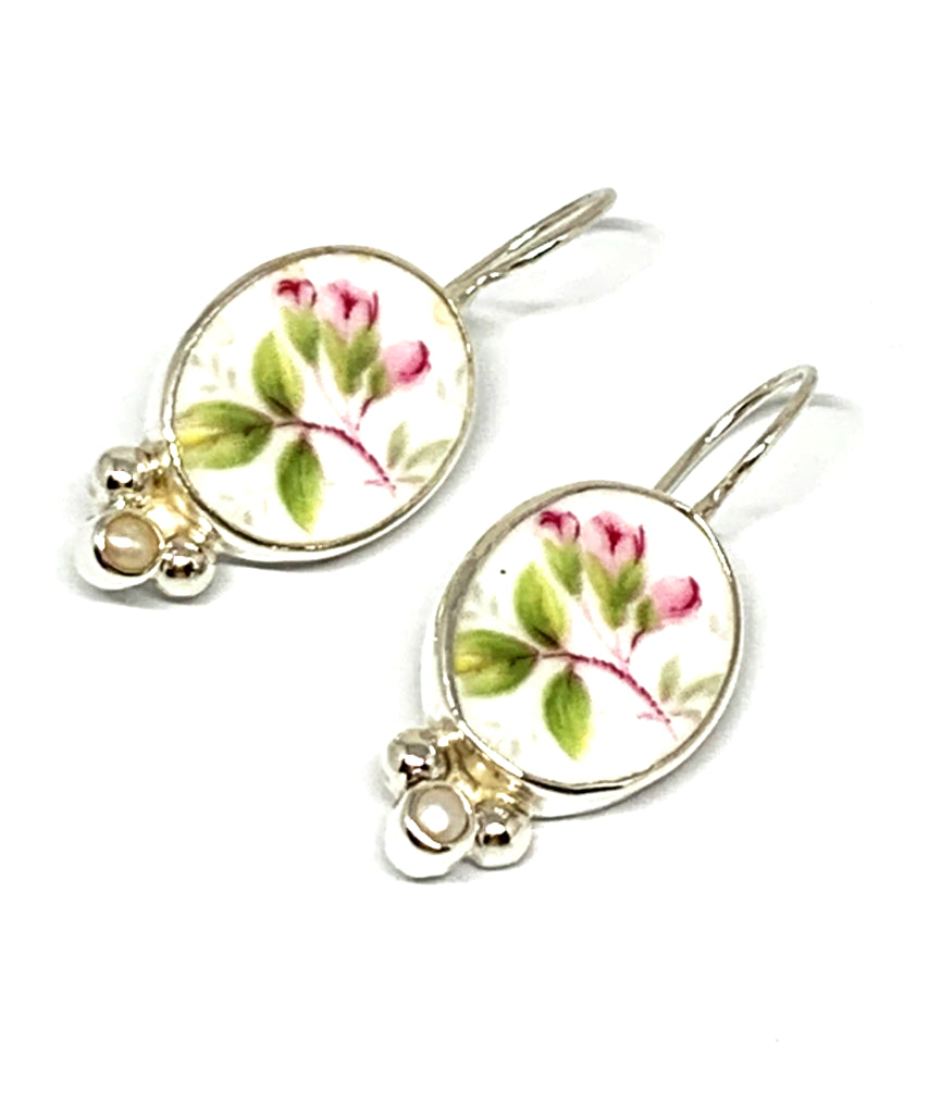 Delicate Pink Flower Vintage Pottery with White Pearl Single Drop Earrings