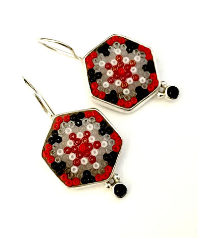 Red, Black & Grey Beaded Fused Glass Earrings with Black Onyx