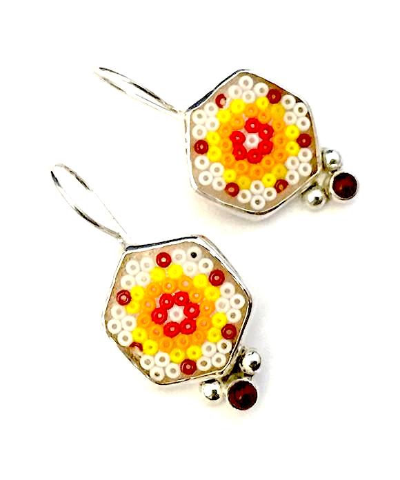 White & Orange Beaded Fused Glass Earrings with Carnelian Stones