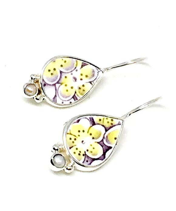 Yellow Flowers Vintage Pottery and Pearl Single Drop Earrings