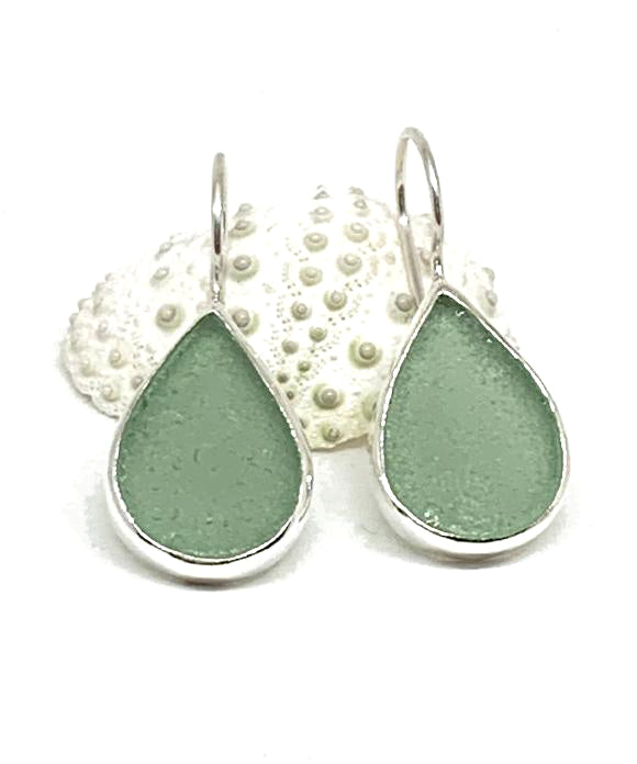 Sage Green Tear Drop Sea Glass Single Drop Earrings