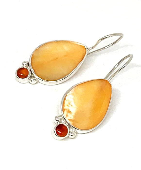 Orange Colored Mother of Pearl with Carnelian Stones Single Drop Earrings
