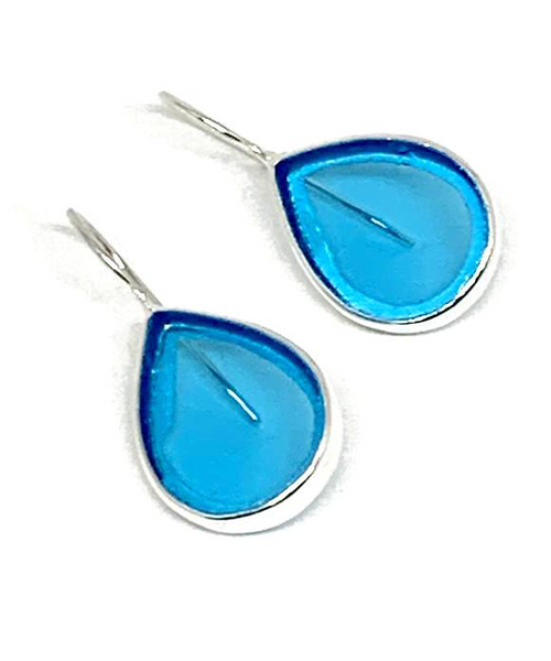 Clear Turquoise Stained Glass Teardrop Shaped Single Drop Earrings