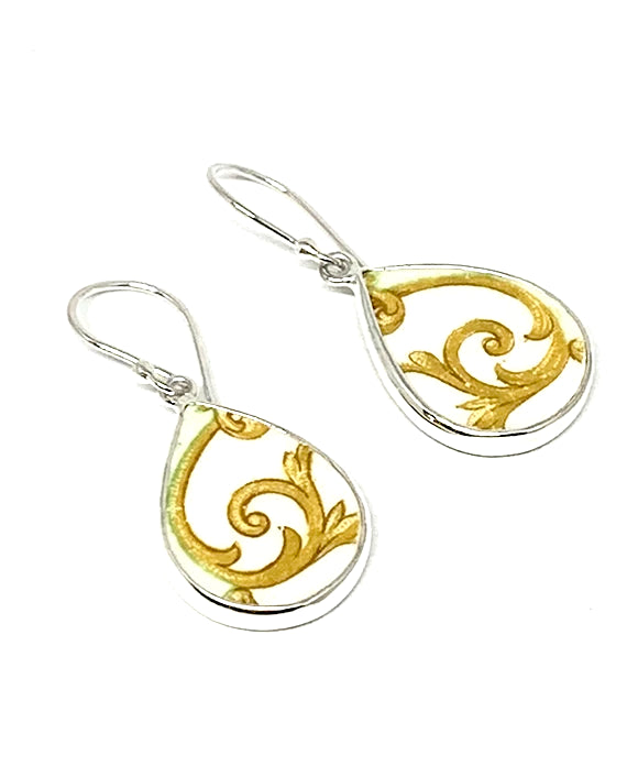 Gold & White Vintage Pottery Tear Drop Single Earrings