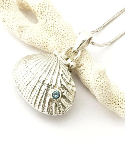 Sterling Shell Locket with Blue Topaz & Soft Blue Sea Glass on Silver Chain