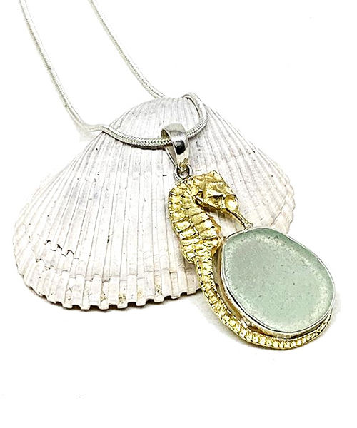 Sea Horse Cast in Yellow Brass  and Aqua Sea Glass Pendant on Silver Chain