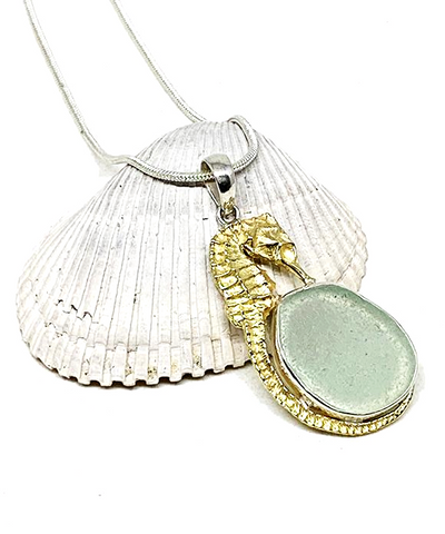 Sea Horse Cast in Yellow Brass  and Aqua Sea Glass Pendant on Silver Chain