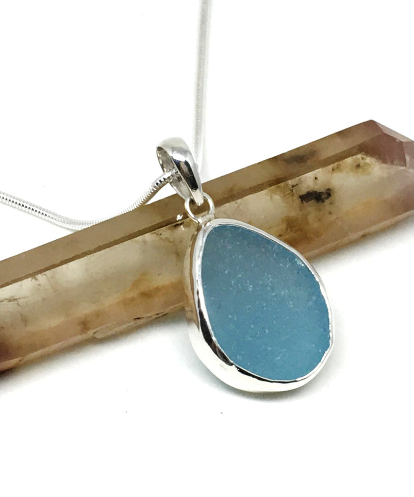 Aqua Sea Glass Single Pendant on Silver Chain