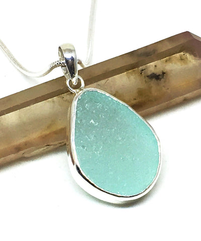 Soft Aqua Sea Glass Single Pendant on Silver Chain