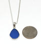 Textured Corn Flower Blue Sea Glass Single Pendant on Silver Chain