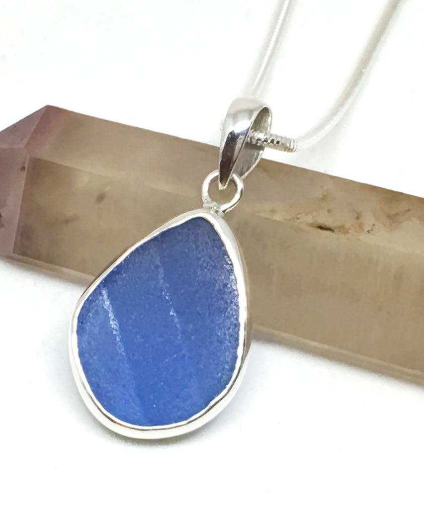 Textured Corn Flower Blue Sea Glass Single Pendant on Silver Chain