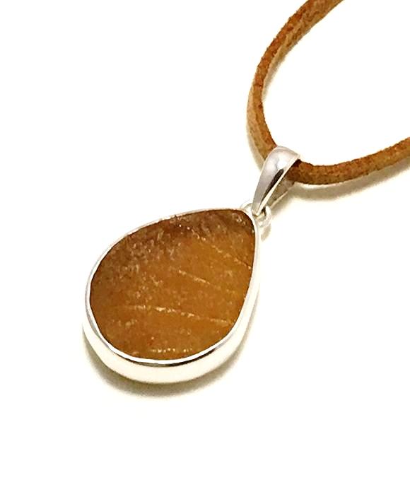 Textured Light Brown Sea Glass Single Pendant on Suede Cord