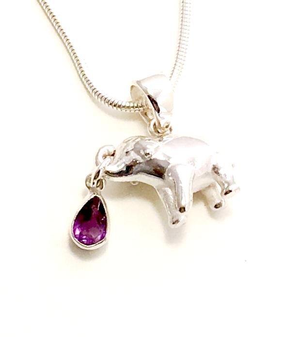 Elephant & Faceted Amethyst Pendant on Silver Chain