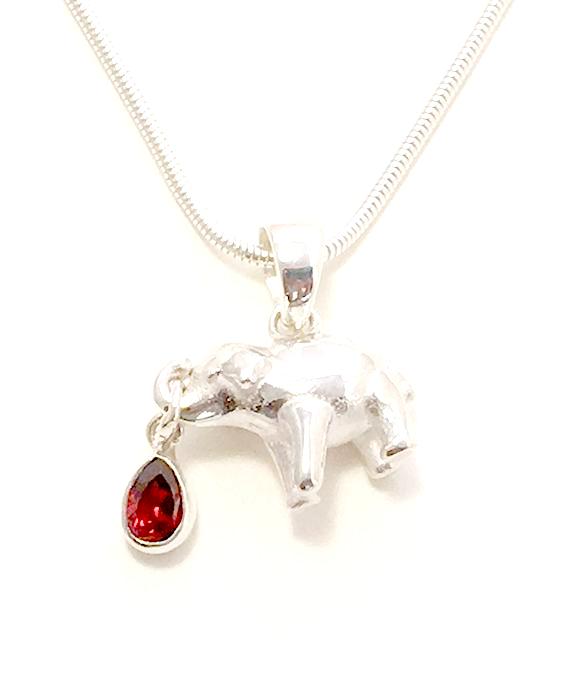 Sterling Elephant & Faceted Garnet Pendant on Silver Chain