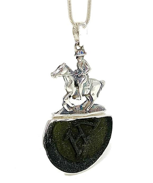 Large Horse & Rider Cast Toy with Textured Dark Olive Sea Glass Pendant on Silver Chain