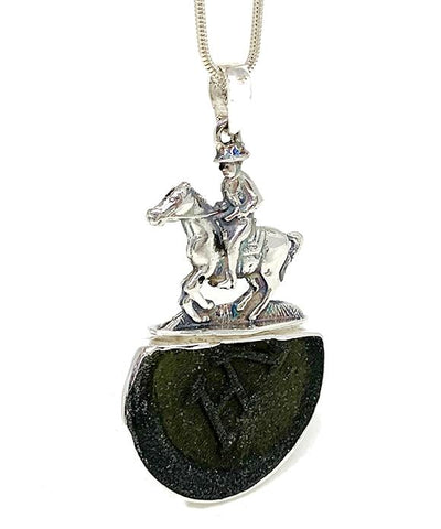 Large Horse & Rider Cast Toy with Textured Dark Olive Sea Glass Pendant on Silver Chain