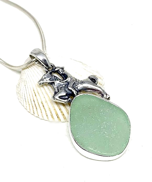 Horse & Rider Cast Toy with Aqua Sea Glass Pendant on Silver Chain