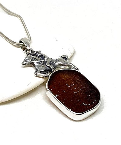 Horse & Rider Cast Toy with Textured Brown Sea Glass Pendant on Silver Chain