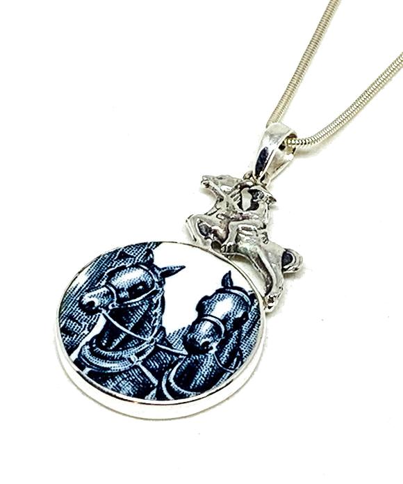 Horse & Rider cast Toy with Blue and White Vintage Pottery Pendant