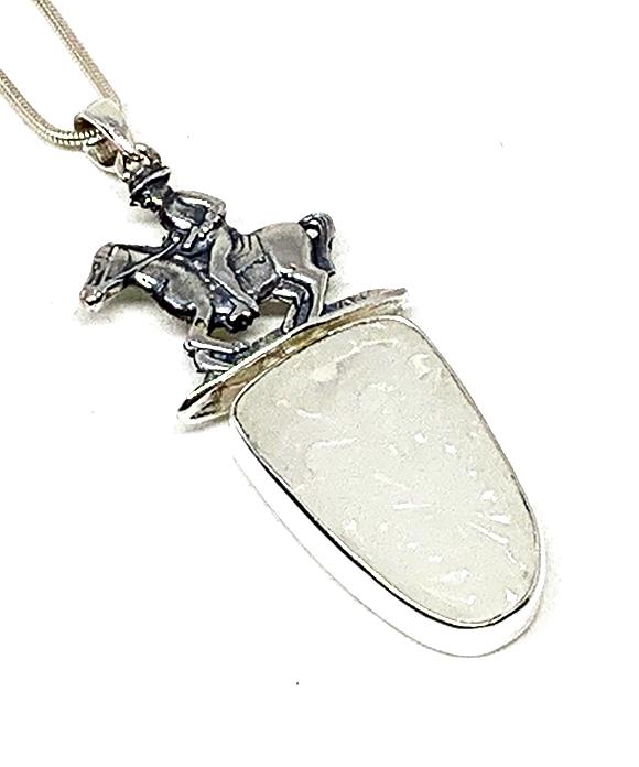 Large Horse & Rider Cast Toy with Textured Clear Sea Glass Pendant on Silver Chain