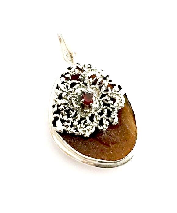 Antique Sterling Lace & Brown Textured Sea Glass with Garnet Pendant