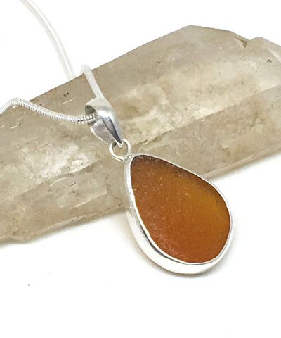 Rich Brown Sea Glass Single Pendant on Silver Chain