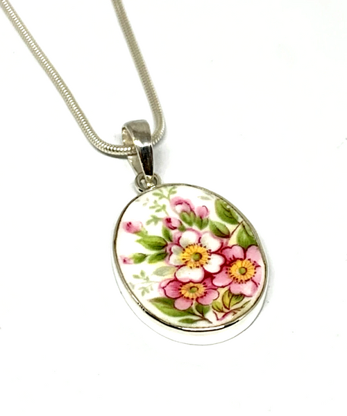 Pink Flower Bouquet Vintage Pottery Pendant