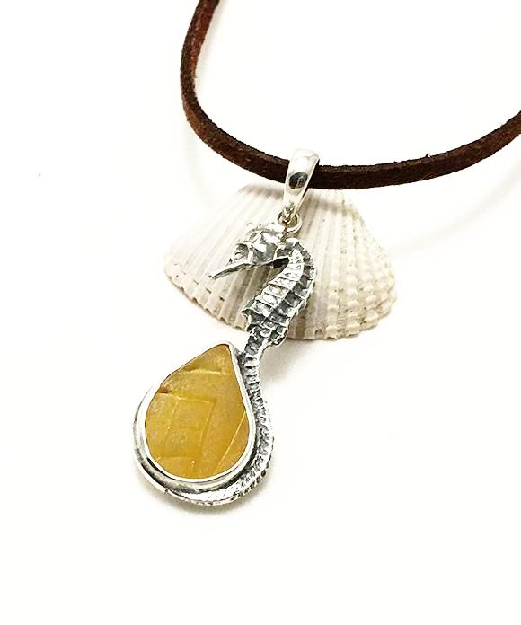 Small Sea Horse and Textured Amber Sea Glass Pendant on Suede Cord