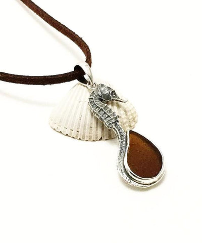 Small Sea Horse and Brown Sea Glass Pendant on Suede Cord