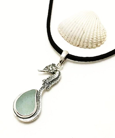 Small Sea Horse and Coke Bottle Blue Sea Glass Pendant on Suede Cord