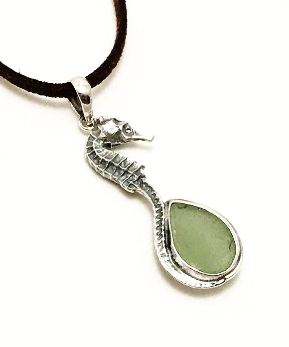 Small Sea Horse and Soft Green Sea Glass Pendant on Suede Cord
