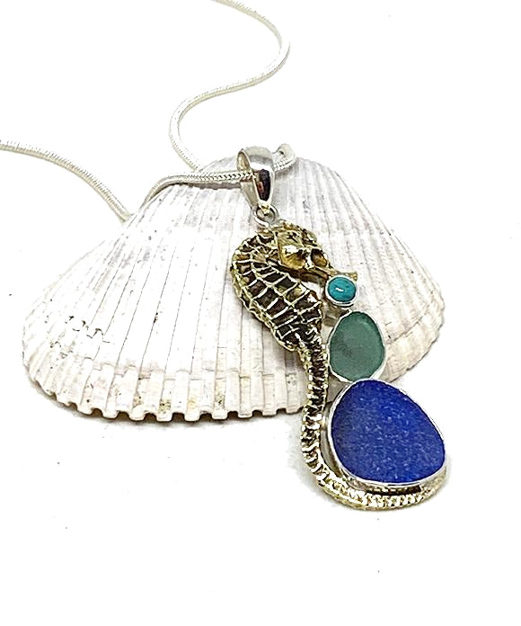 Yellow Brass Sea Horse with Green & Cobalt Sea Glass and Turquoise Pendant on Silver Chain
