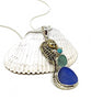 Yellow Brass Sea Horse with Green & Cobalt Sea Glass and Turquoise Pendant on Silver Chain