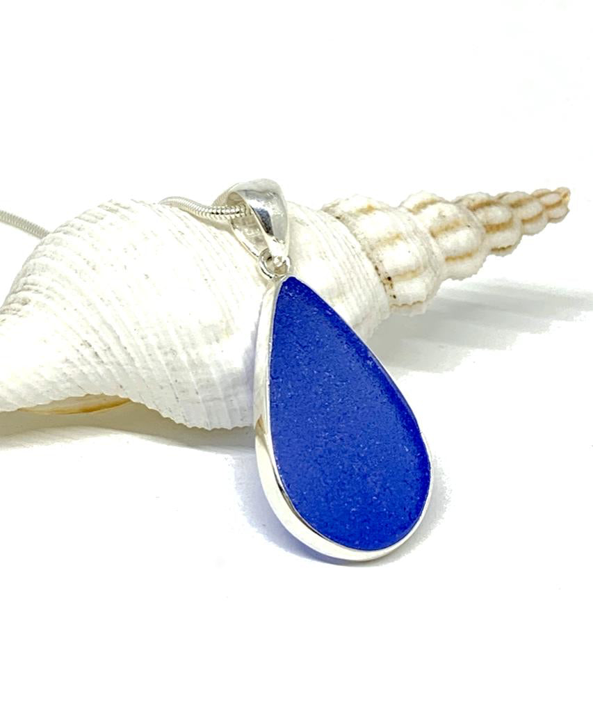 Blue Sea Glass Teardrop Pendant on Silver Chain