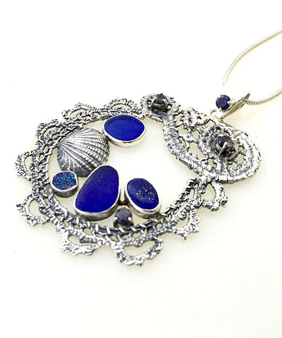 Cast Lace, Shell, Cobalt Sea Glass, Lapis and Stones Pendant