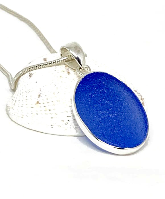 Oval Blue Sea Glass Pendant on Silver Chain