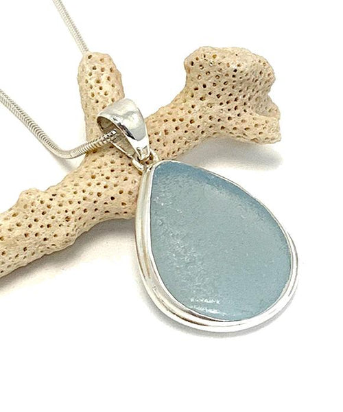 Pale Blue Sea Glass Pendant on Silver Chain