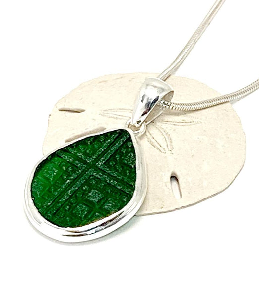 Geometric Textured Dark Green Sea Glass Pendant on Silver Chain