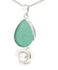 Turquoise Green Sea Glass Pendant with Pearl and Heavy Rim on Silver Chain