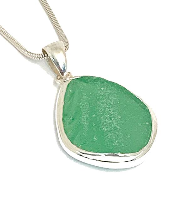 Textured Soft Green Sea Glass Pendant on Silver Chain
