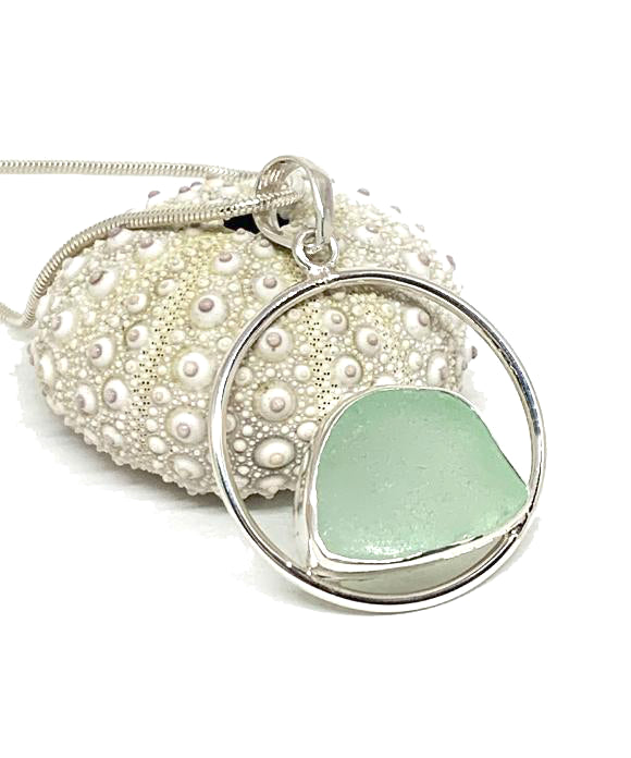 Coke Bottle Blue Sea Glass Hoop Pendant on Silver Chain