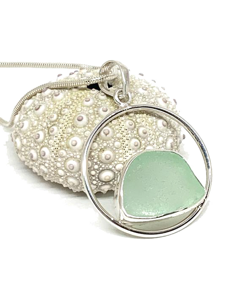 Coke Bottle Blue Sea Glass Hoop Pendant on Silver Chain