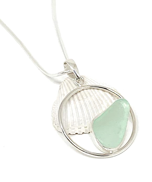 Bright Coke Bottle Blue Sea Glass Hoop Pendant on Silver Chain