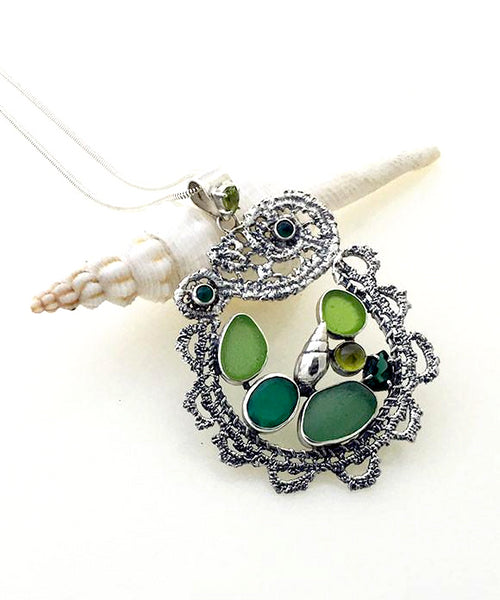 Cast Lace, Shell, Green Sea Glass and Peridot Stones Pendant