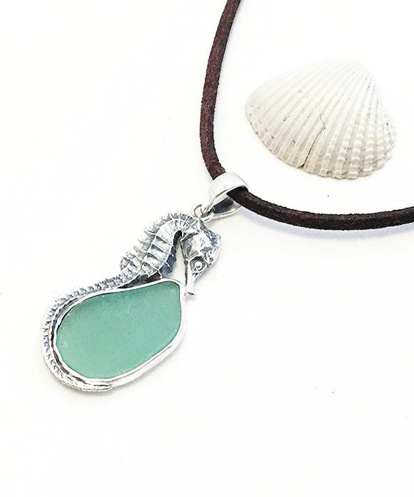 Large Sea Horse and Aqua Sea Glass Pendant on Suede Cord