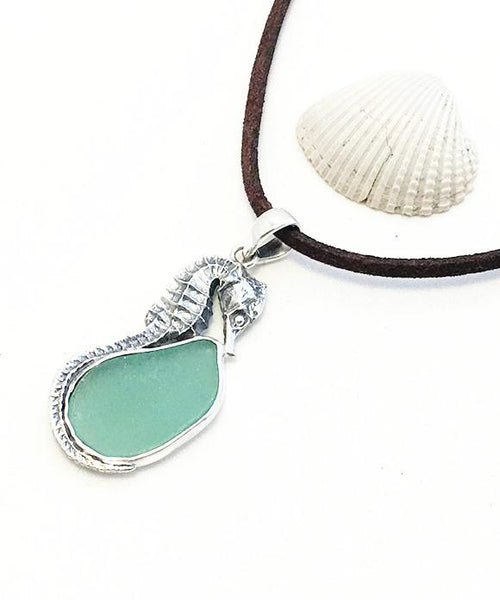 Large Sea Horse and Aqua Sea Glass Pendant on Suede Cord