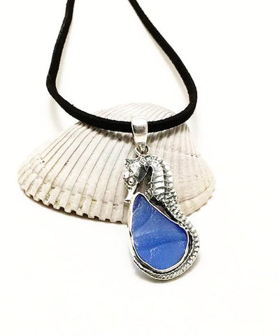 Large Sea Horse and Textured Blue Sea Glass Pendant on Suede Cord