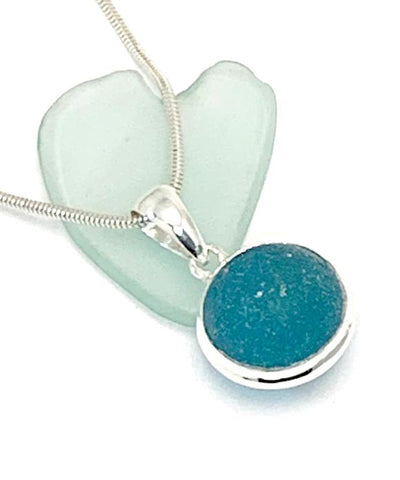 Dark Turquoise Sea Glass Marble Pendant on Silver Chain