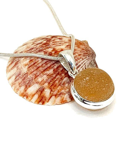 Amber Sea Glass Marble Pendant on Silver Chain