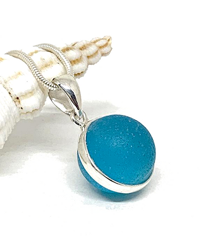 Bright Aqua Sea Glass Marble Pendant on Silver Chain